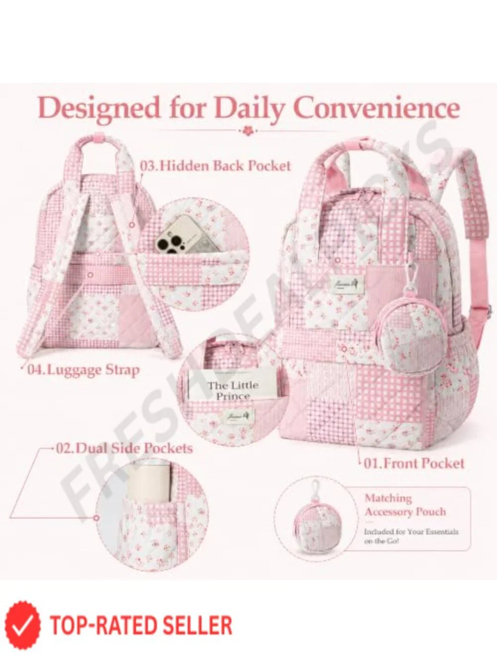 Quilted Backpack Purse for Women, Cute Cotton Mini Backpack, Multi-Pocket